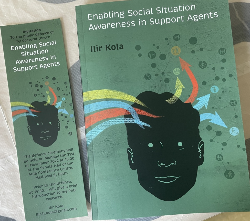 cover of the thesis and the invitation to the defense. A green cover with the head of a person, showing lines which move "into" the head and out of it towards the social context, depicted as a network of people doing various activities.