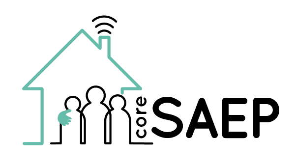 Logo of CoreSAEP project, featuring a house with a WiFi sign as 'smoke' out of the chimney and people standing in front of it.