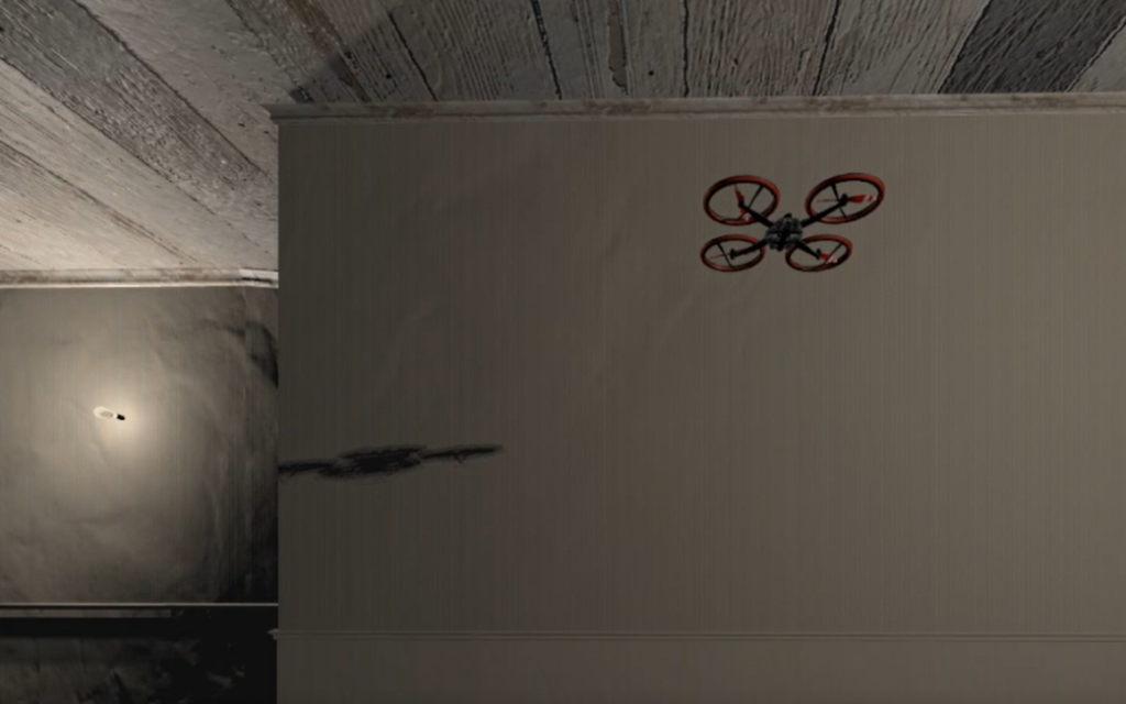 Image of VR environment with a quadcopter drone flying in an indoor environment.