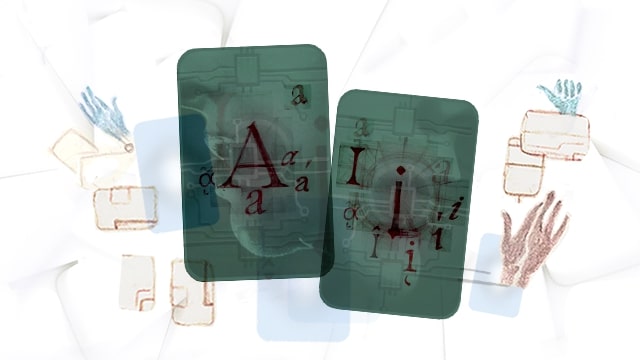 Two digitally illustrated green playing cards on a white background, with the letters A and I in capitals and lowercase calligraphy over modified photographs of human mouths in profile.