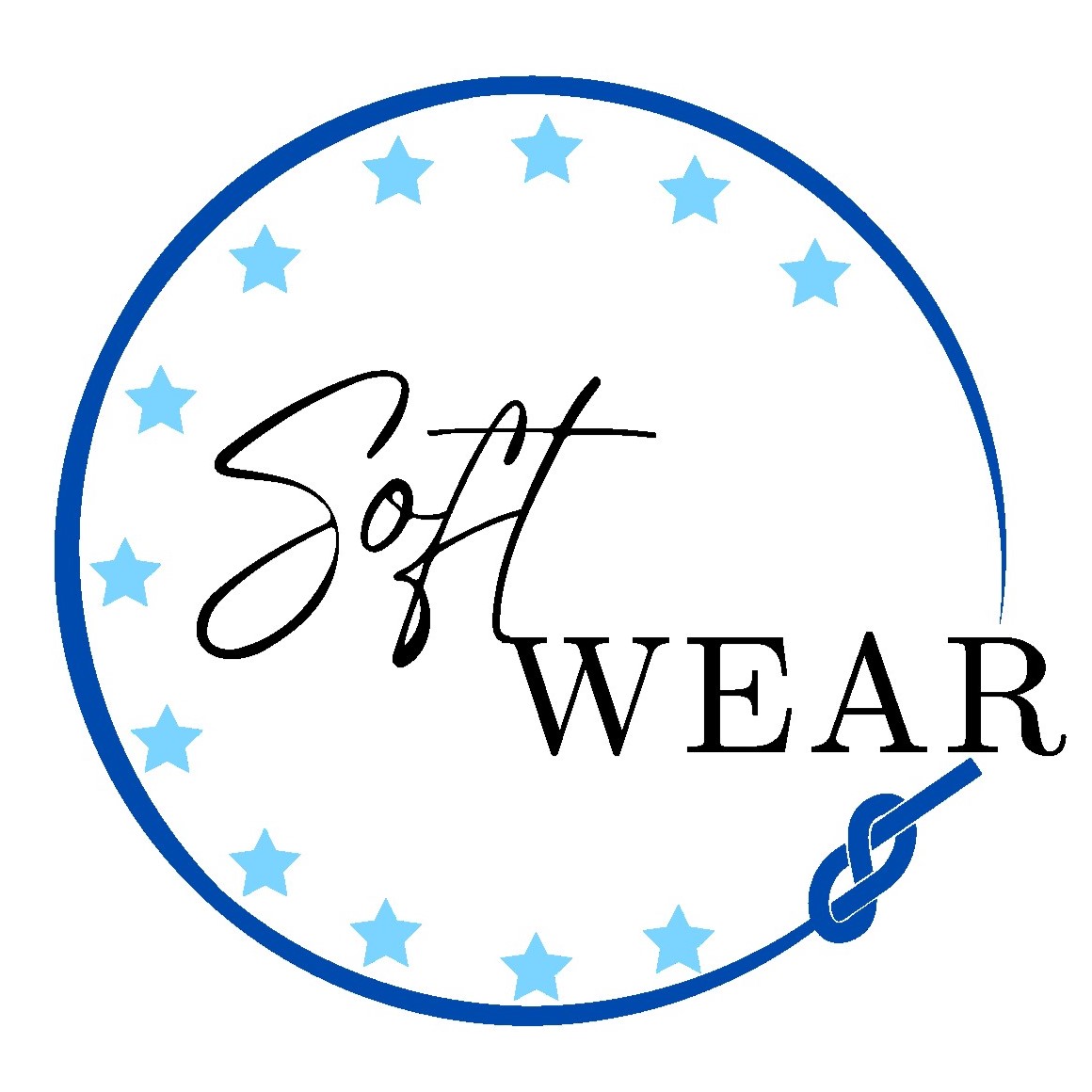 softwear logo, round blue thread with knot at the end and light blue stars in the middle